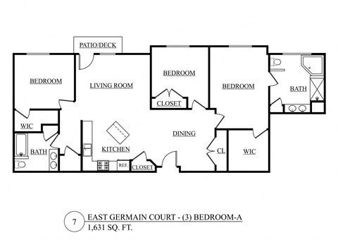 Floor plan for 3 beds, 2 baths, 1631 sqft